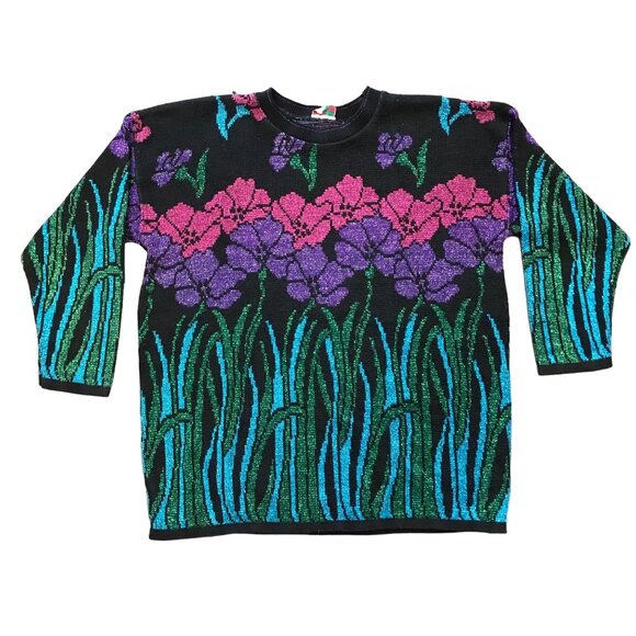 Vintage Nutcracker Womens XL Metallic Floral Sweater 80s 90s Purple Pink Flowers - Picture 1 of 10